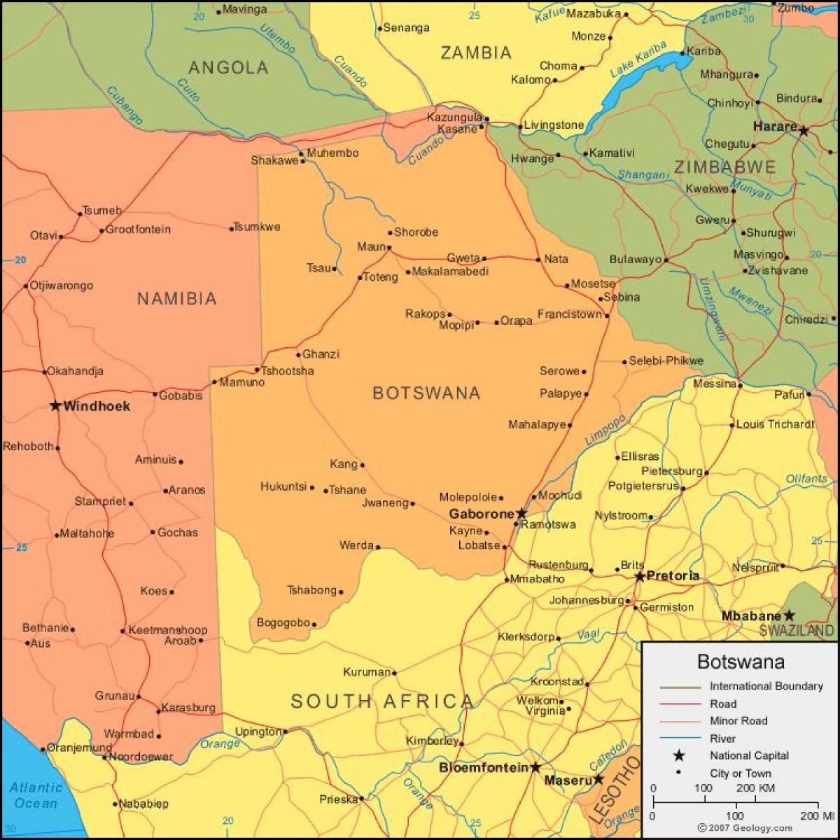 mapa ng Botswana nagpapakita ng lahat ng mga nayon