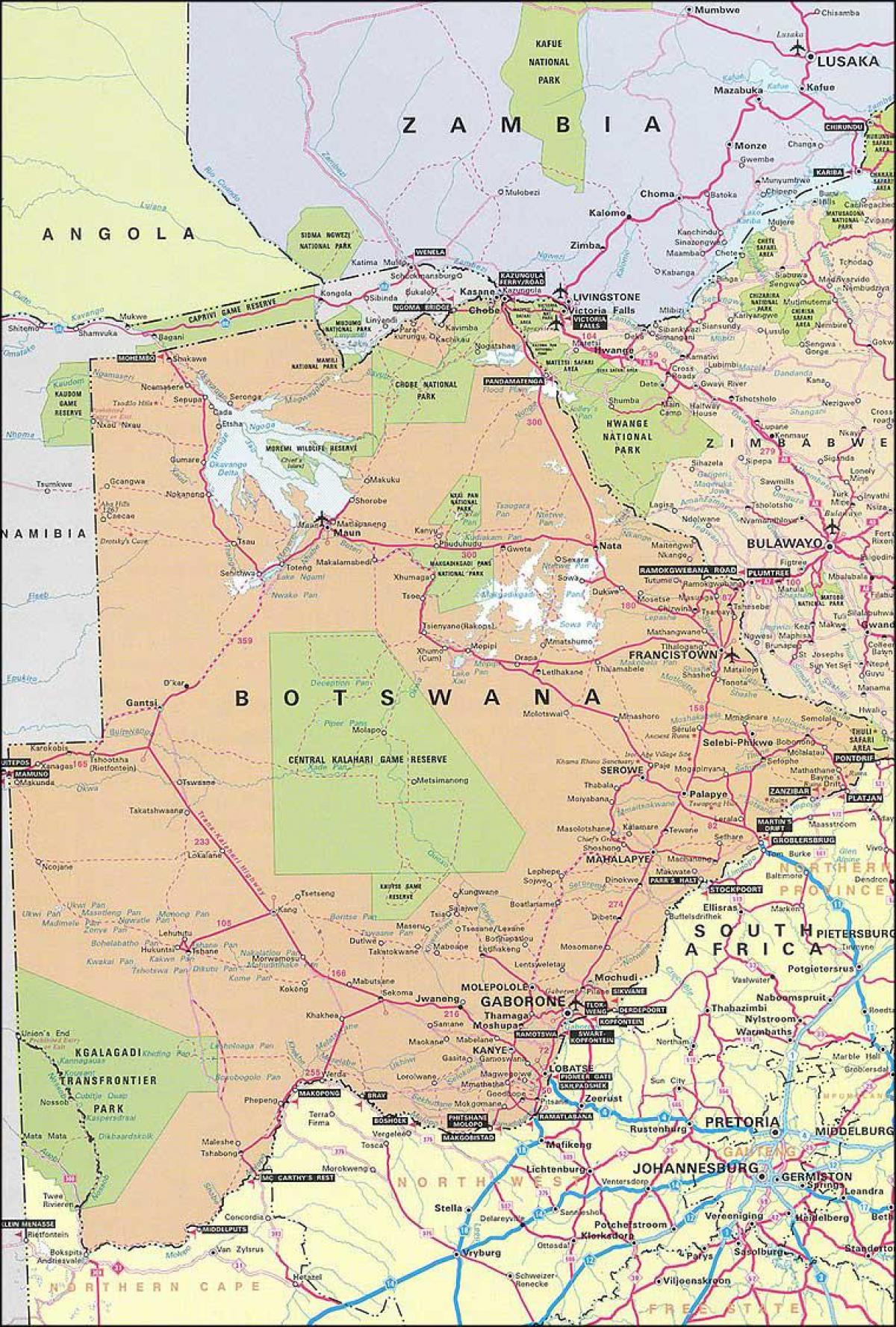 mapa ng mga detalyadong mga mapa ng kalsada ng Botswana