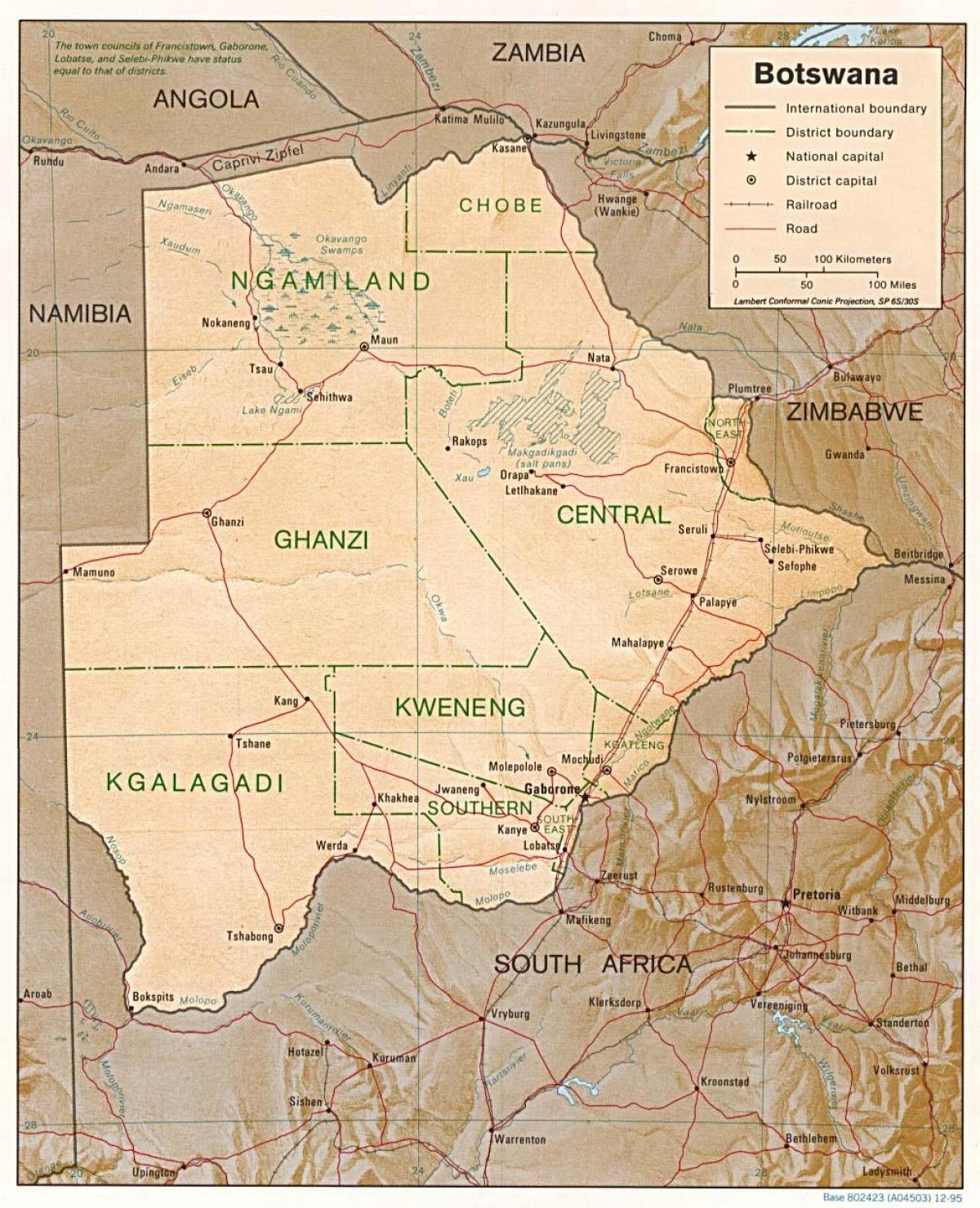 mapa ng Botswana ng pagpapakita ng mga bayan at mga nayon